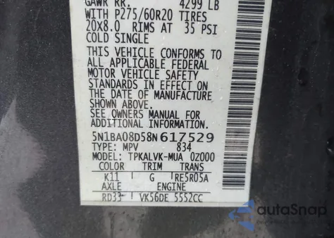 2008 Nissan Armada Le из США, поврежденный, VIN 5N1BA08D58N617529